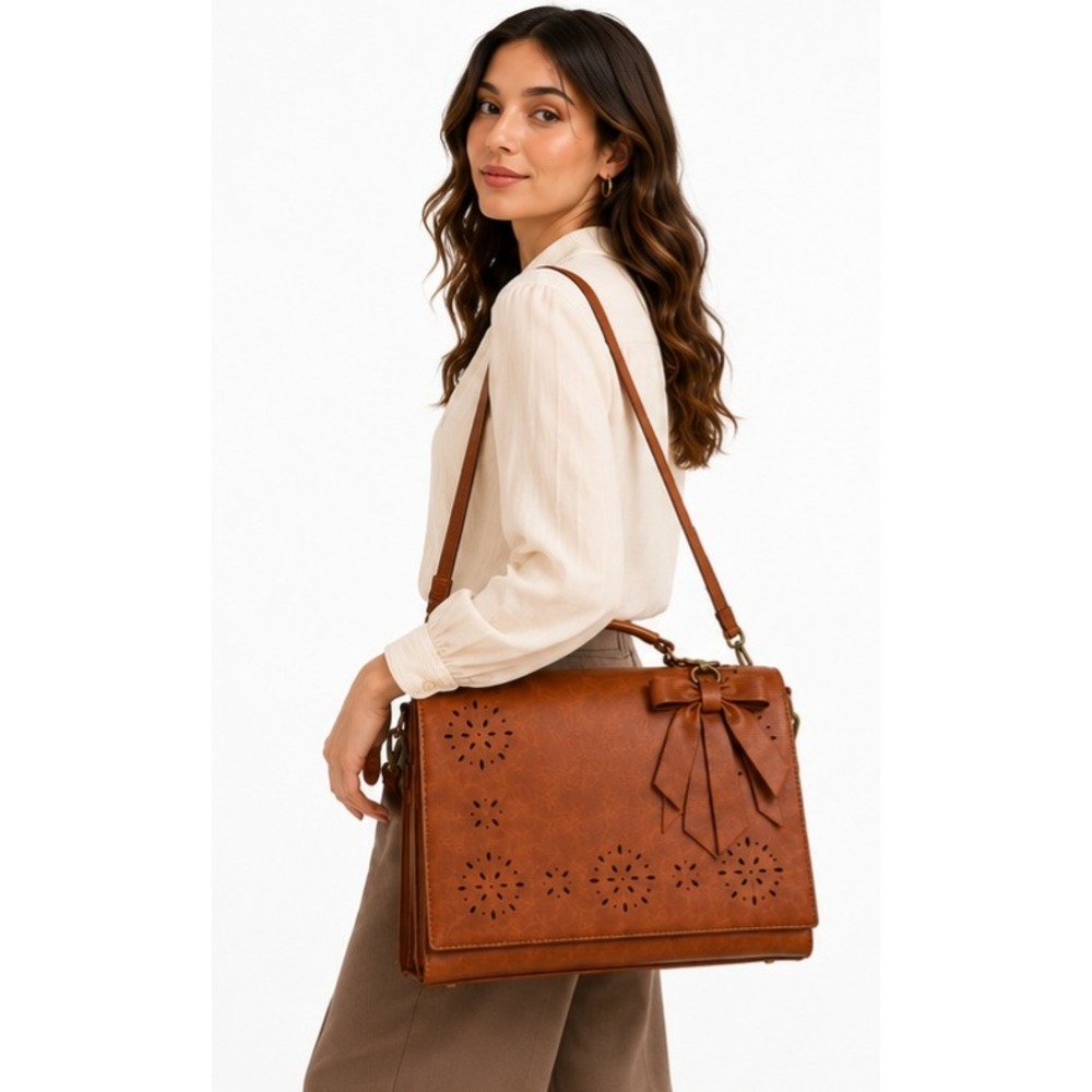 ECOSUSI Laser Cut Bow Laptop Satchel Crossbody Bag Cognac Brown NWOT